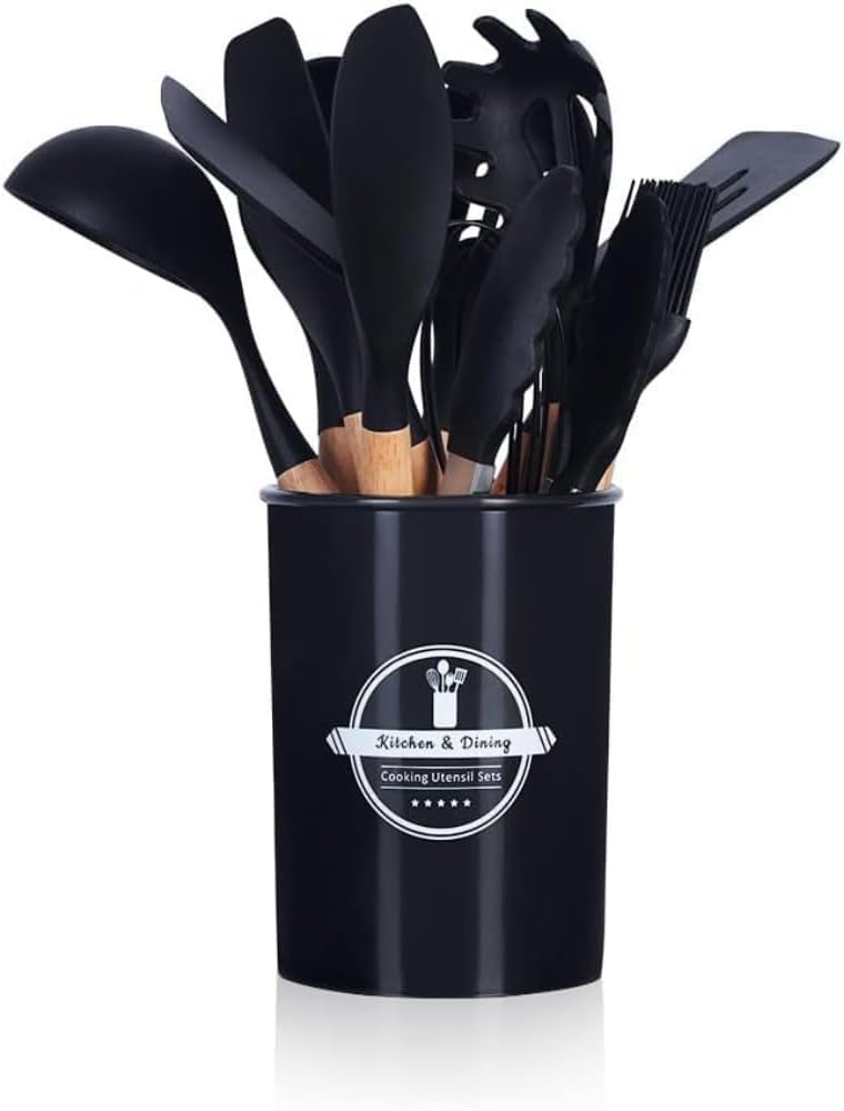 Kit Completo com 12 Peças Utensílios de Cozinha em Silicone com Cabo de Madeira Antiaderentes e Resistentes ao Calor (Preto)