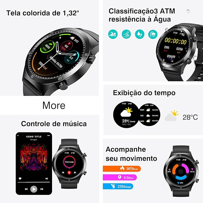 Relógio Inteligente Tranya S2 Tela Full Touch 1.28" Resistente à Água com Modos Esportivos e Recebimento de Notificações Smartwatch
