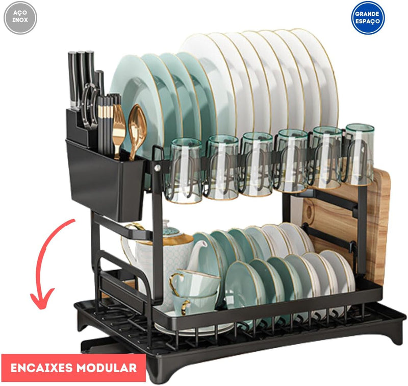 Escorredor de Louça Inox com Porta Pratos Talheres Copos Modular Master (Preto)