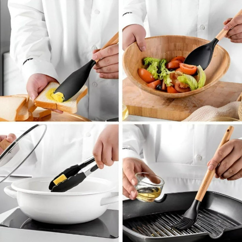 Kit Completo com 12 Peças Utensílios de Cozinha em Silicone com Cabo de Madeira Antiaderentes e Resistentes ao Calor (Preto)