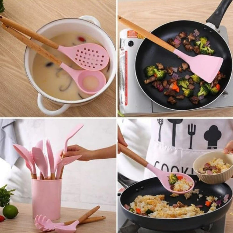Kit Completo com 12 Peças Utensílios de Cozinha em Silicone com Cabo de Madeira Antiaderentes e Resistentes ao Calor (Preto)