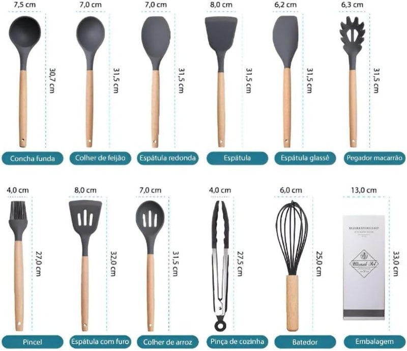 Kit Completo com 12 Peças Utensílios de Cozinha em Silicone com Cabo de Madeira Antiaderentes e Resistentes ao Calor (Preto)