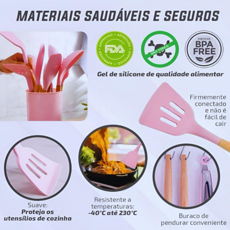Kit Completo com 12 Peças Utensílios de Cozinha em Silicone com Cabo de Madeira Antiaderentes e Resistentes ao Calor (Preto)