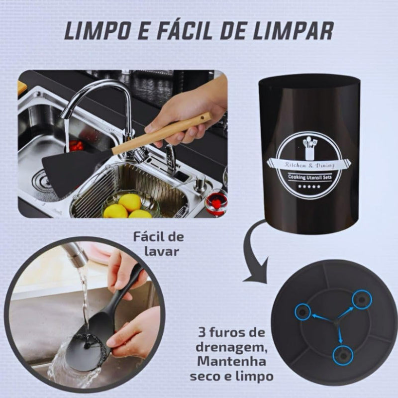 Kit Completo com 12 Peças Utensílios de Cozinha em Silicone com Cabo de Madeira Antiaderentes e Resistentes ao Calor (Preto)