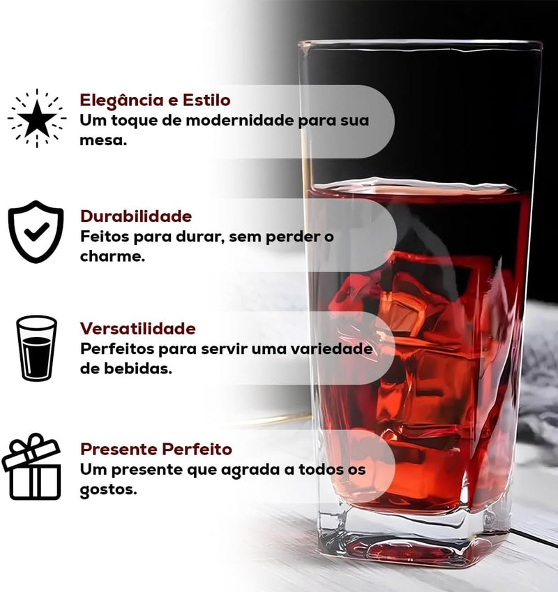 Conjunto de 6 Copos de Vidro Texas Quadrado 320 ml, Transparente, para Água, Suco e Refrigerante, Jogo de Copos