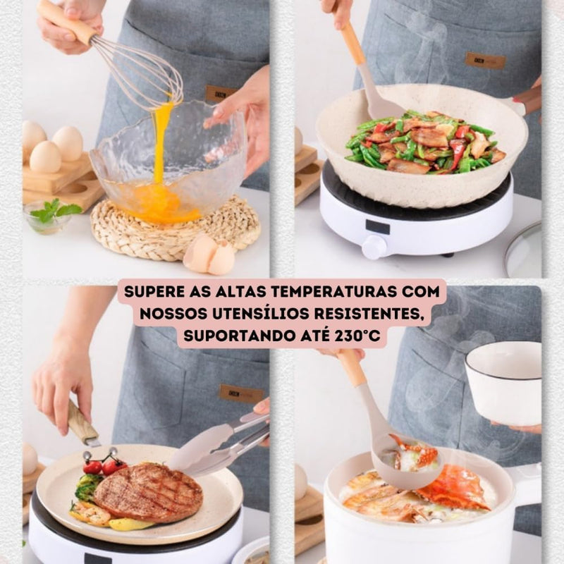 Kit Completo com 12 Peças Utensílios de Cozinha em Silicone com Cabo de Madeira Antiaderentes e Resistentes ao Calor (Preto)