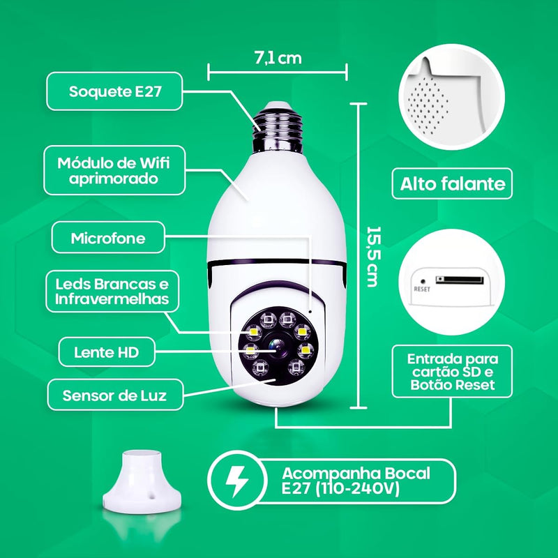 Camera Ip Inteligente 1080P Wifi Lampada Panoramica Giratória 360° Yoosee Espiã e Segurança | Alpha Ecom