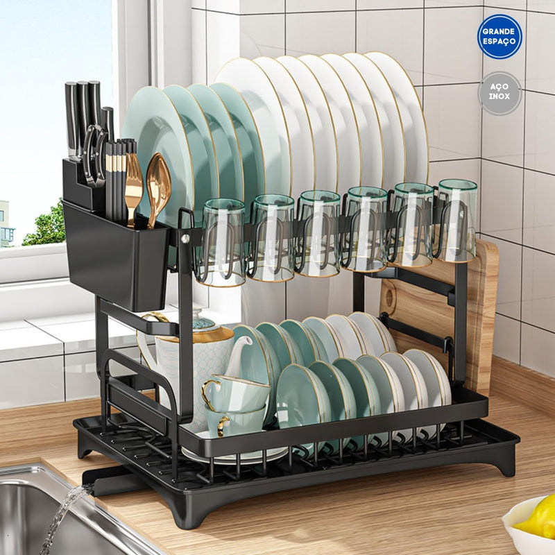 Escorredor de Louça Inox com Porta Pratos Talheres Copos Modular Master (Preto)