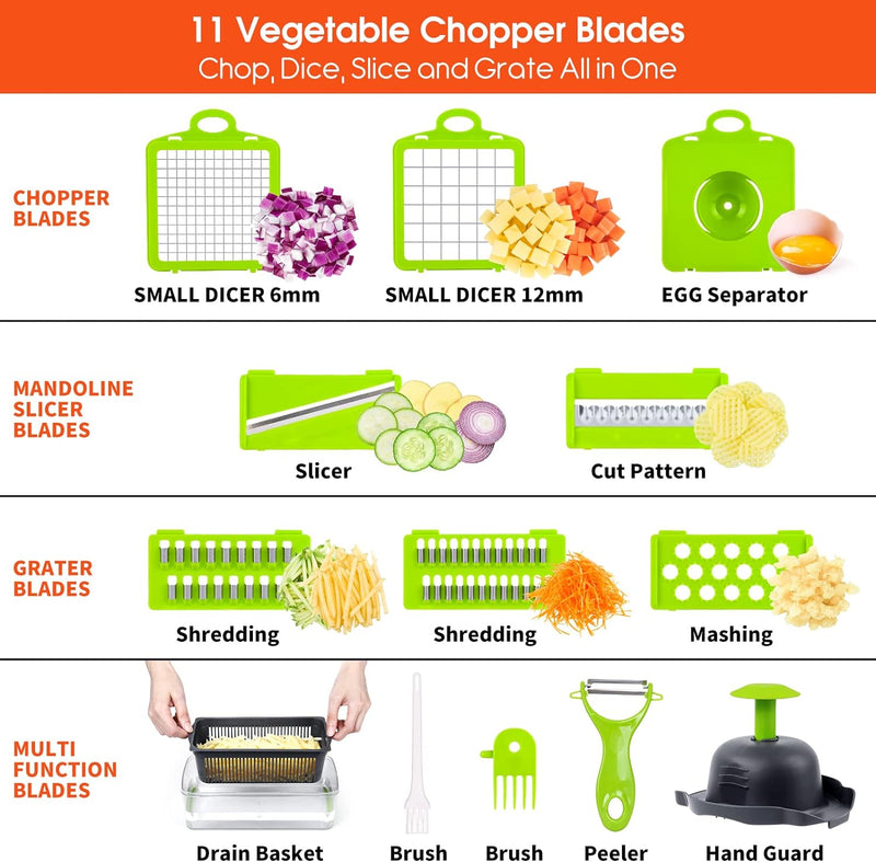 Cortador de legumes, alho, cebola e outros alimentos profissional e multifuncional 14 em 1, corta em fatias e cubos, com 8 lâminas, com recipiente (cinza)