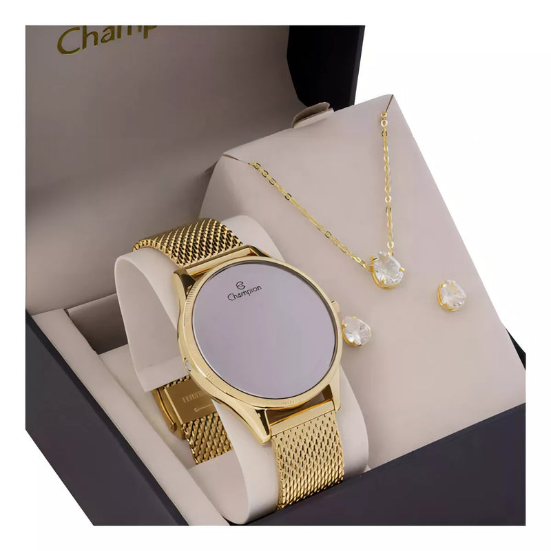 Relógio Feminino Champion Digital Dourado Pulseira Mesh Cor da correia Dourado 3 Cor do fundo Preto