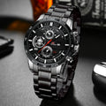 Relógio Masculino Esportivo 46mm – Couro Estilo Racing, Casual Fashion, Preto com Detalhes em Ouro Rosé, Calendário, Quartzo, Original