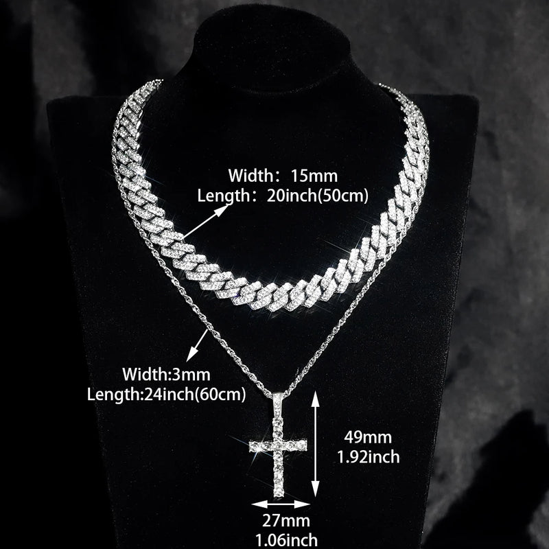 Relógio Iced Out + Colar + Pulseira com Caixa – Conjunto de Alta Qualidade com Pingente de Cruz e Corrente Cubana Brilhante – Joias Fashion 5A+ para Mulheres e Homens
