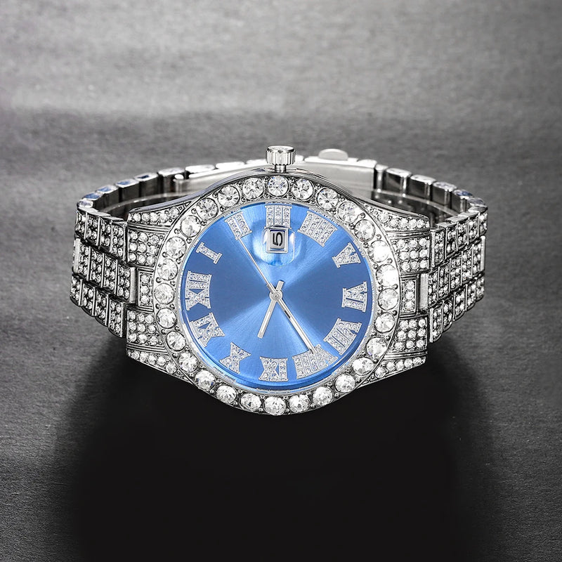 Relógio Iced Out + Colar + Pulseira com Caixa – Conjunto de Alta Qualidade com Pingente de Cruz e Corrente Cubana Brilhante – Joias Fashion 5A+ para Mulheres e Homens