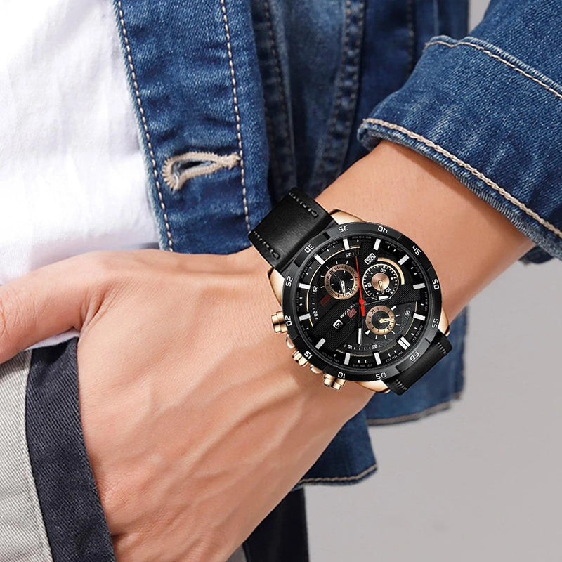 Relógio Masculino Esportivo 46mm – Couro Estilo Racing, Casual Fashion, Preto com Detalhes em Ouro Rosé, Calendário, Quartzo, Original