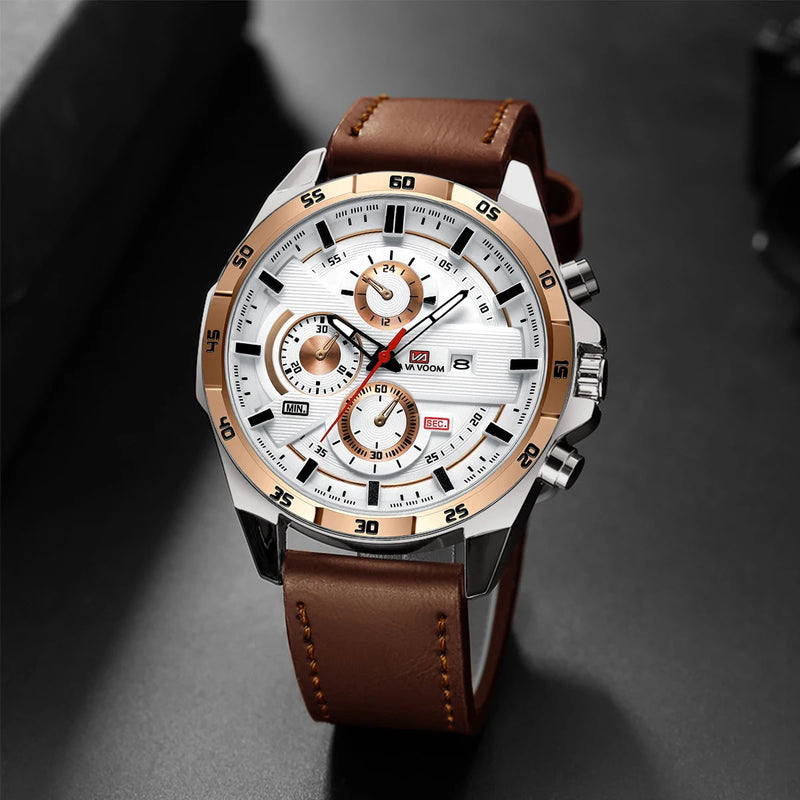 Relógio Masculino Esportivo 46mm – Couro Estilo Racing, Casual Fashion, Preto com Detalhes em Ouro Rosé, Calendário, Quartzo, Original