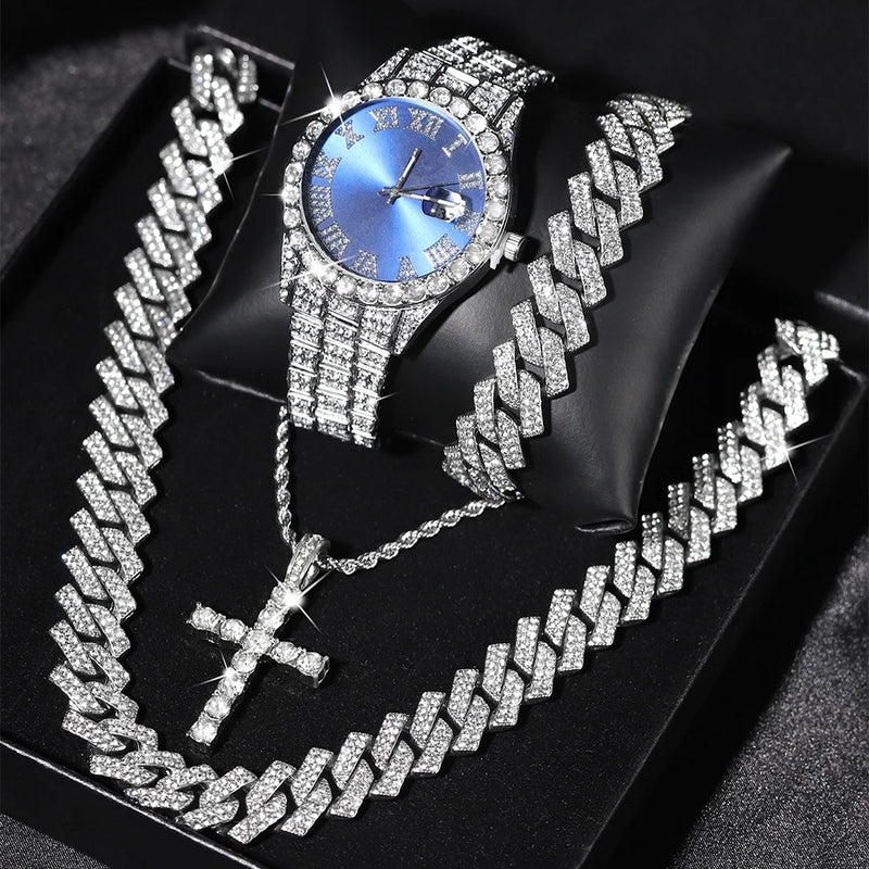 Relógio Iced Out + Colar + Pulseira com Caixa – Conjunto de Alta Qualidade com Pingente de Cruz e Corrente Cubana Brilhante – Joias Fashion 5A+ para Mulheres e Homens