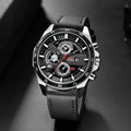 Relógio Masculino Esportivo 46mm – Couro Estilo Racing, Casual Fashion, Preto com Detalhes em Ouro Rosé, Calendário, Quartzo, Original