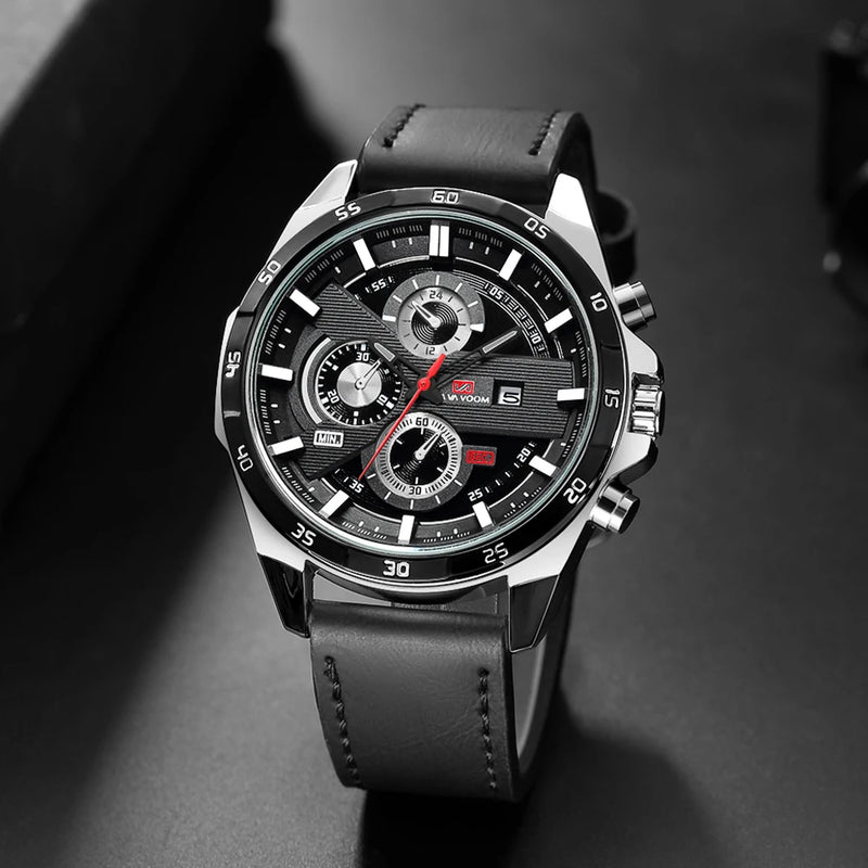 Relógio Masculino Esportivo 46mm – Couro Estilo Racing, Casual Fashion, Preto com Detalhes em Ouro Rosé, Calendário, Quartzo, Original