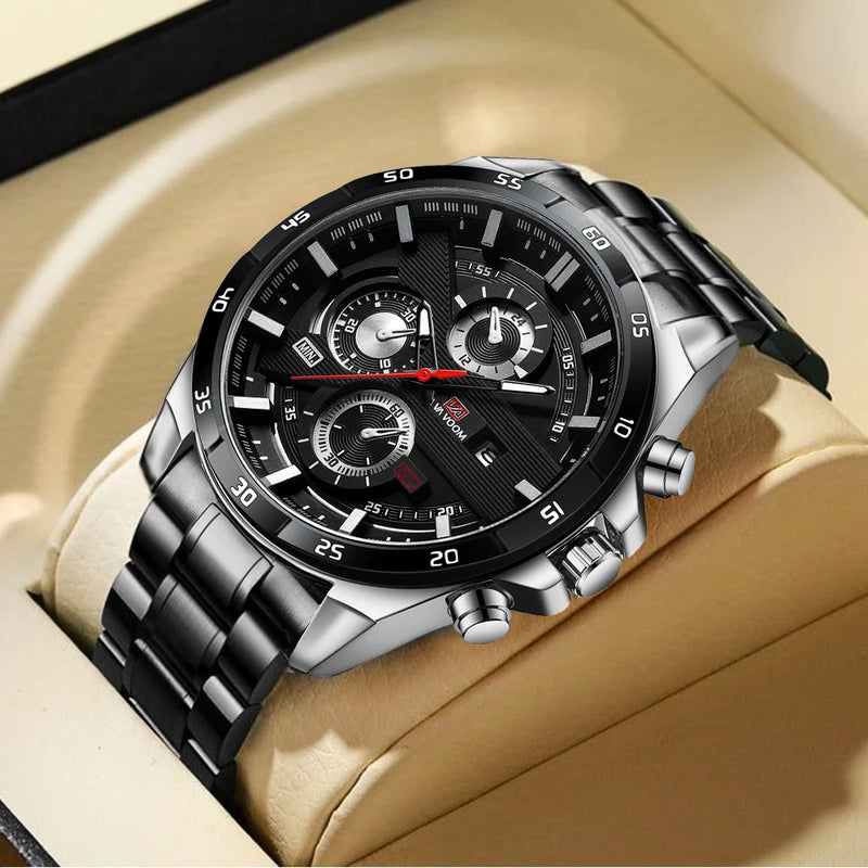 Relógio Masculino Esportivo 46mm – Couro Estilo Racing, Casual Fashion, Preto com Detalhes em Ouro Rosé, Calendário, Quartzo, Original