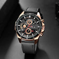Relógio Masculino Esportivo 46mm – Couro Estilo Racing, Casual Fashion, Preto com Detalhes em Ouro Rosé, Calendário, Quartzo, Original