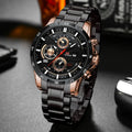 Relógio Masculino Esportivo 46mm – Couro Estilo Racing, Casual Fashion, Preto com Detalhes em Ouro Rosé, Calendário, Quartzo, Original