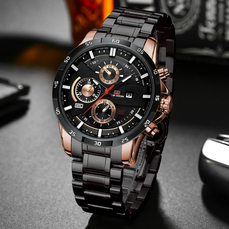Relógio Masculino Esportivo 46mm – Couro Estilo Racing, Casual Fashion, Preto com Detalhes em Ouro Rosé, Calendário, Quartzo, Original