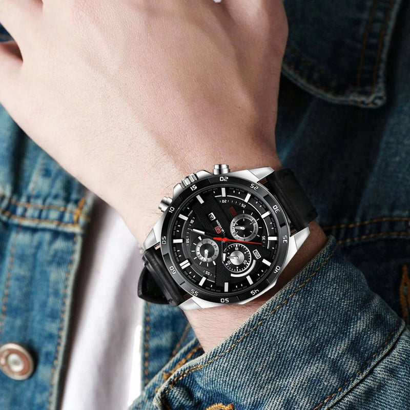 Relógio Masculino Esportivo 46mm – Couro Estilo Racing, Casual Fashion, Preto com Detalhes em Ouro Rosé, Calendário, Quartzo, Original