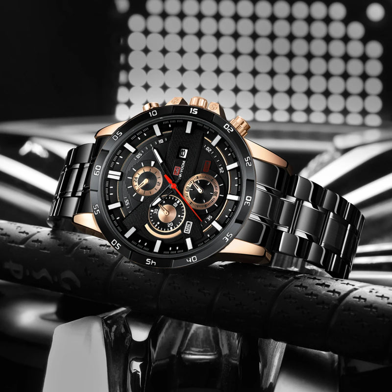 Relógio Masculino Esportivo 46mm – Couro Estilo Racing, Casual Fashion, Preto com Detalhes em Ouro Rosé, Calendário, Quartzo, Original
