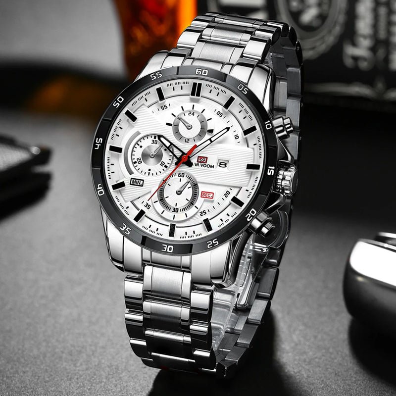 Relógio Masculino Esportivo 46mm – Couro Estilo Racing, Casual Fashion, Preto com Detalhes em Ouro Rosé, Calendário, Quartzo, Original