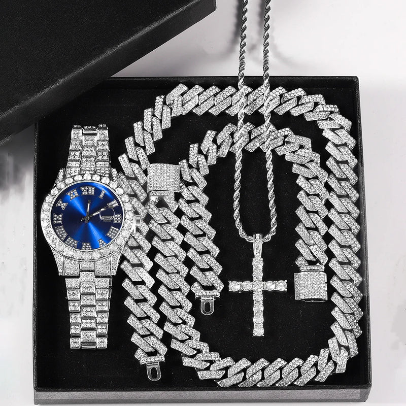 Relógio Iced Out + Colar + Pulseira com Caixa – Conjunto de Alta Qualidade com Pingente de Cruz e Corrente Cubana Brilhante – Joias Fashion 5A+ para Mulheres e Homens